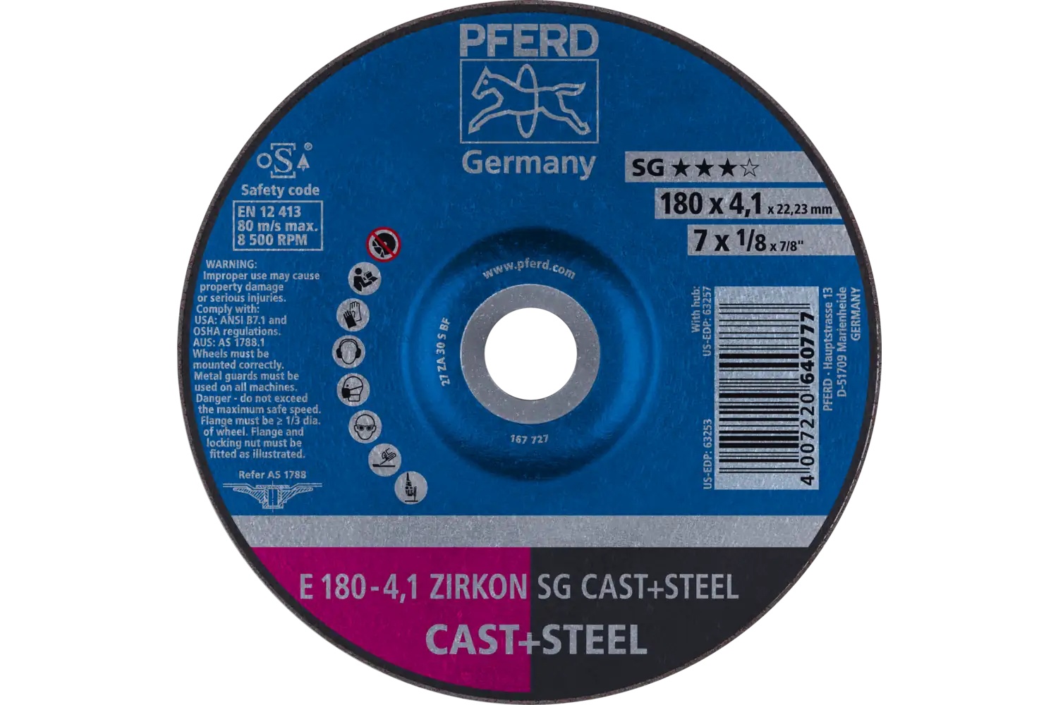 Picture of Pferd Grinding Wheel, 7" X 1/8 X 7/8, Zirkon Sg Cast+Steel, T27, Za, Ao